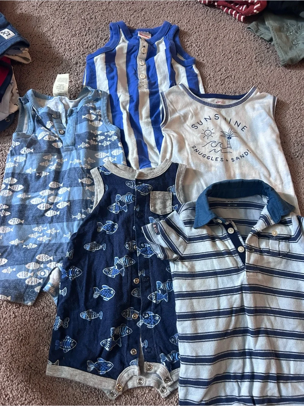 5 blue one pieces 3-6 months